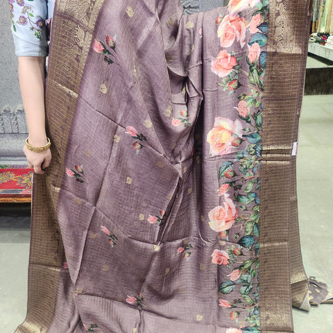 Chocolate brown digital printed matka silk saree