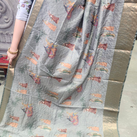 Dolphin grey digital printed semi tussar saree