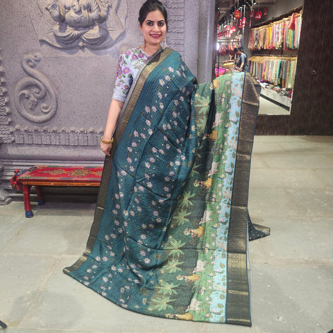 Pine green digital printed matka silk saree