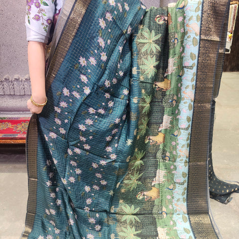 Pine green digital printed matka silk saree