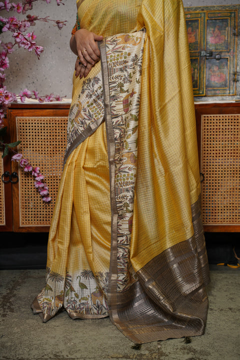 Soft tussar with zari checks
