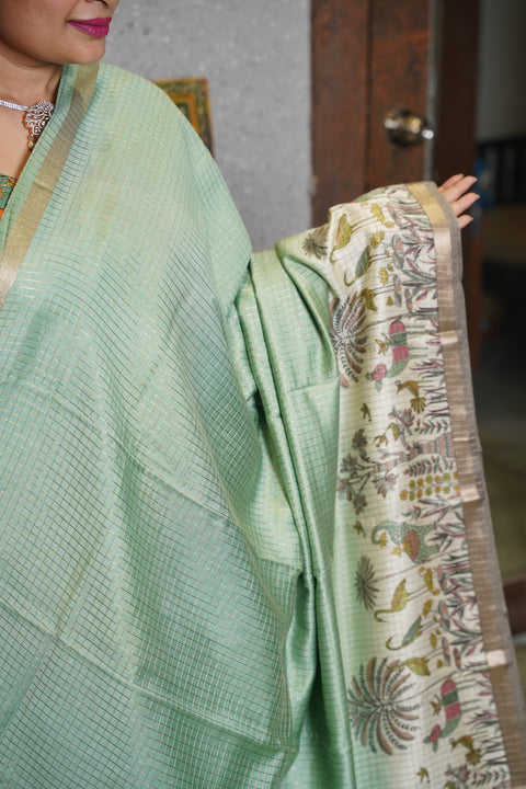 Soft tussar with zari checks