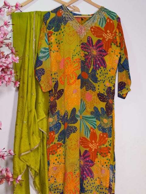 Pure Chinnon Kurta Set | Multi colour