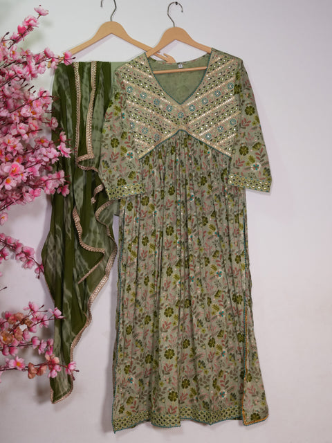 Cotton Printed Kurthi set | olive green color