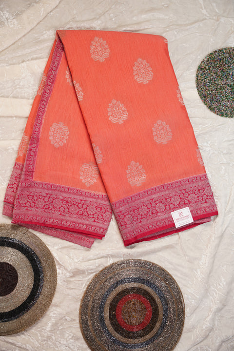 PURE CHINON PEACH ORANGE SAREE