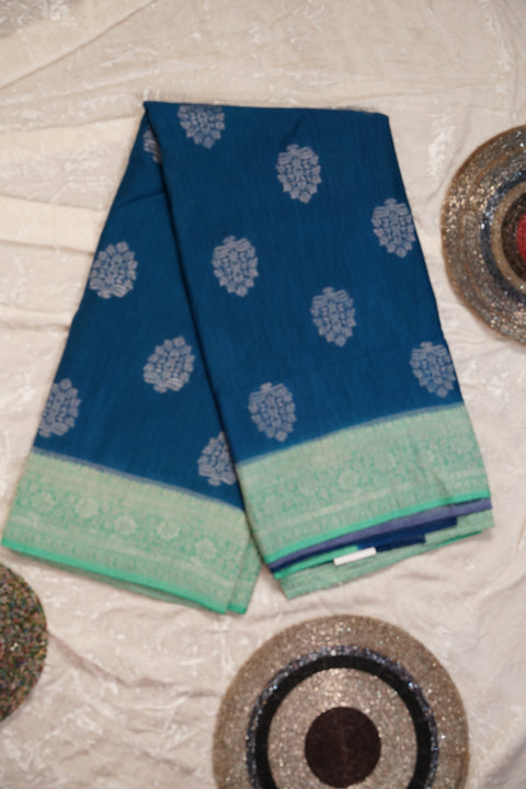 PURE CHINON BLUE GREEN SAREE