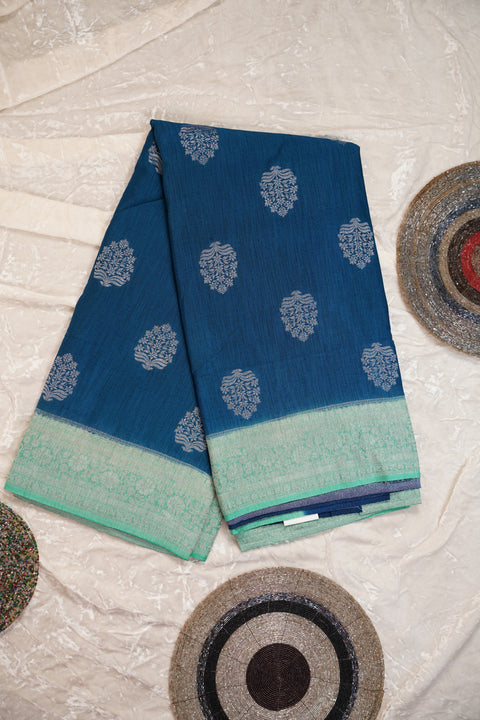 PURE CHINON BLUE GREEN SAREE
