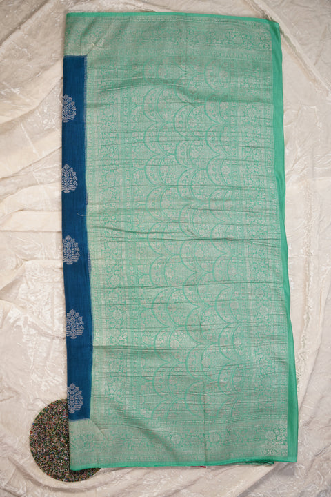 PURE CHINON BLUE GREEN SAREE