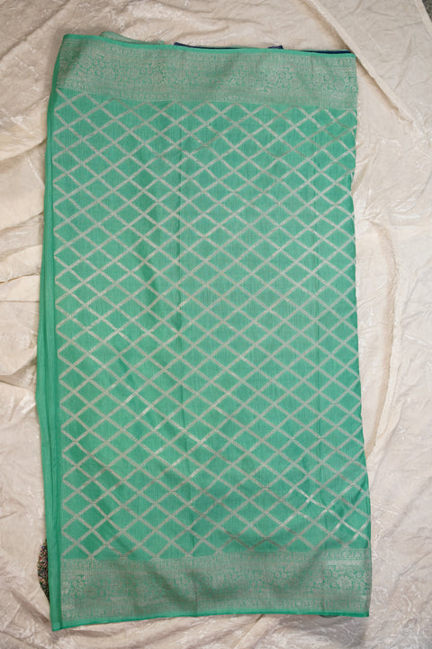 PURE CHINON BLUE GREEN SAREE