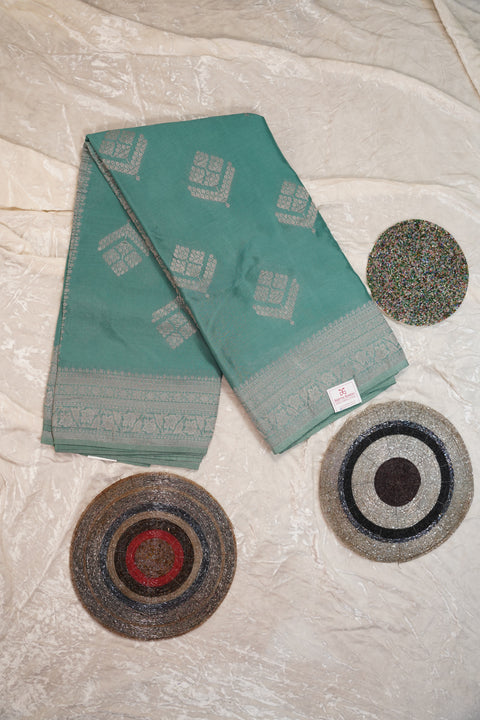 PURE CHINON TEAL GREEN SAREE