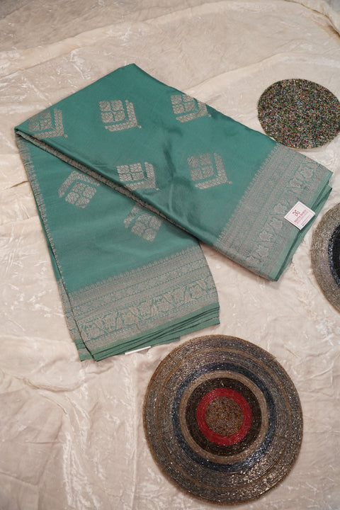 PURE CHINON TEAL GREEN SAREE