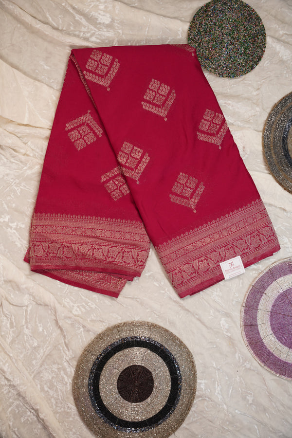 PURE CHINON RED SAREE