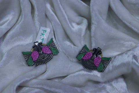 Hand Painted Peacock White Metal Earrings