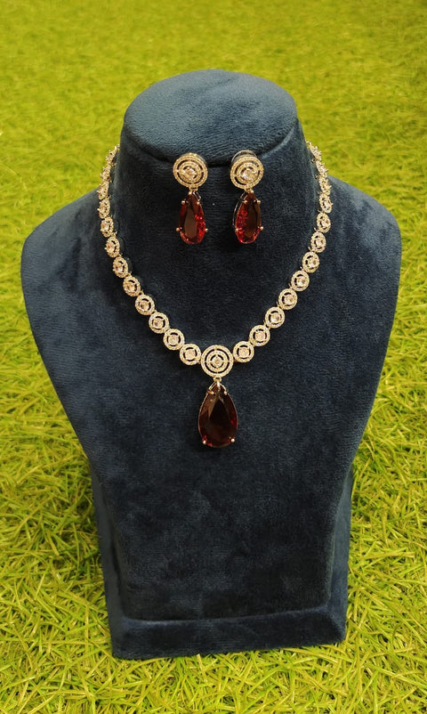 Red Dropstone Silver Necklace Set