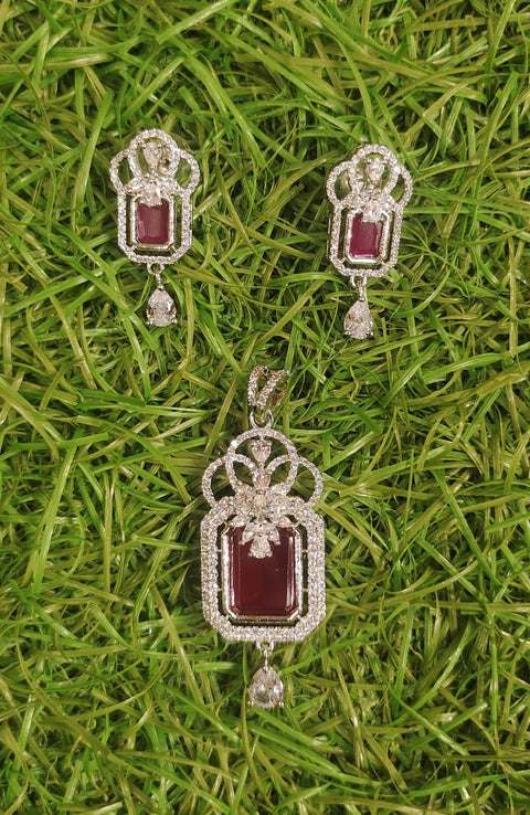 Rhodium Plated Magenta Stones Pendant and Earrings