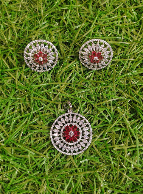 Phulwari Ruby American Diamond Pendant and Studs